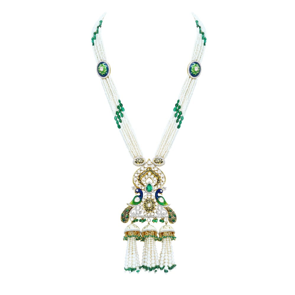 Pearl and Emerald Necklace Set with Polki and Peacock Motifs